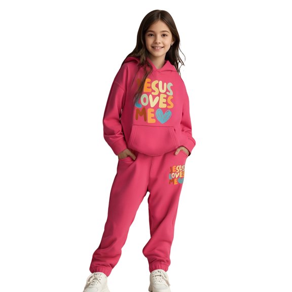 Kids Toddler Sweatsuit 2 Piece Long Sleeve Jesus Loves Me Pullover Hoodie Sweatshirt and Active Jogger Pants Fall Clothes Kids Clothes 8-9 Years