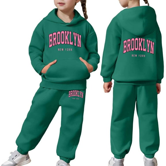 Kids Toddler Sweatsuit 2 Piece Long Sleeve Letter Printing Dark Green Hooded Sweatsuits Pullover and Active Jogger Pants Fall Clothes Boys Outfits 2T