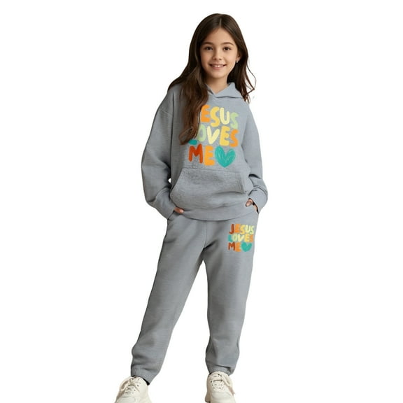 Kids Toddler Sweatsuit 2PC Long Sleeve Jesus Loves Me Hooded Sweatshirt Jogger Set Fall Clothes 6-7 Years Girls Outfits