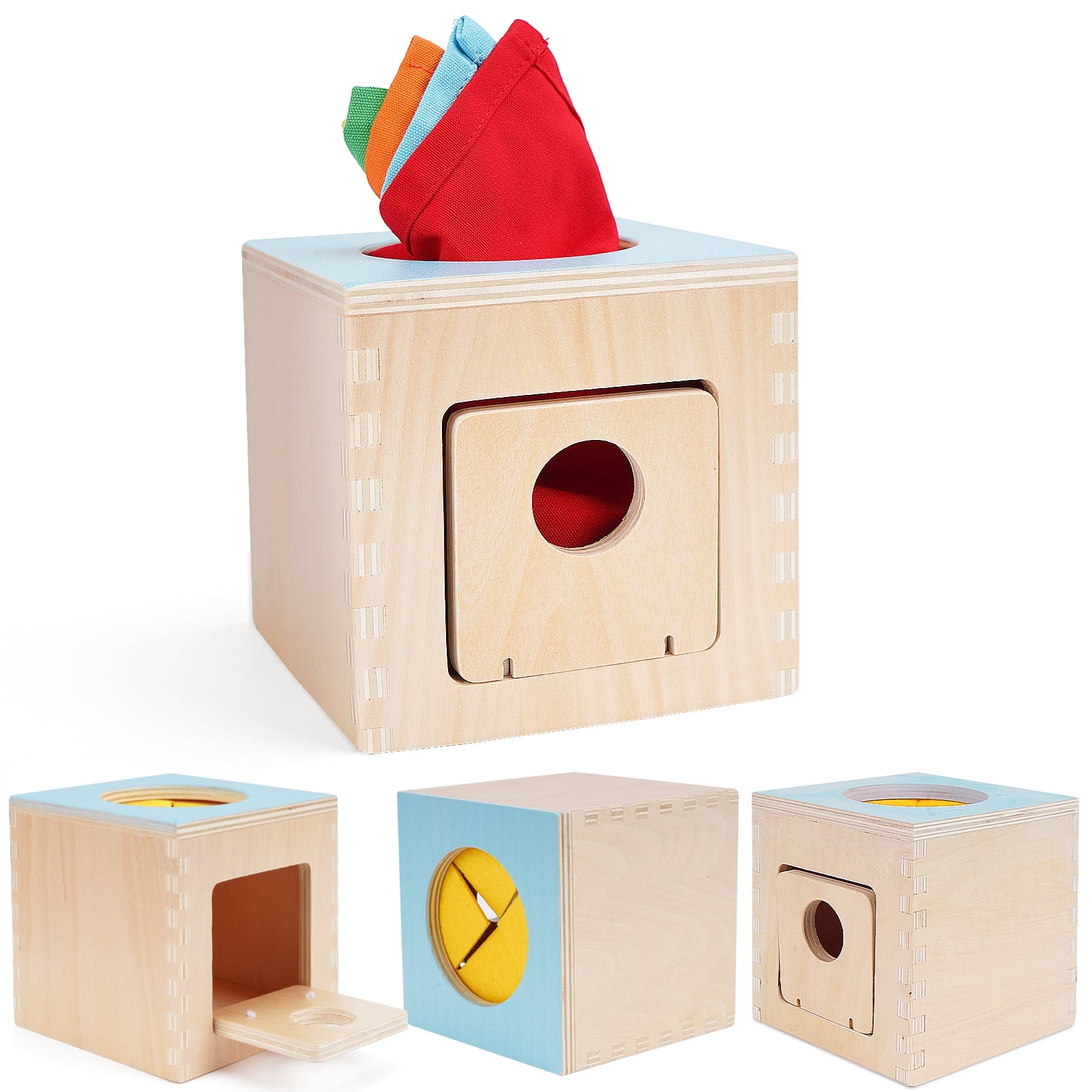 Kids Toddler Toys, Montessori Baby Toys 0-6-12 Months, 1 Year Old Wooden Baby Tissue Box Toy for Educational Learning with Cloth Tissues, Boys & Girls Gifts for Birthday Christmas Children Day