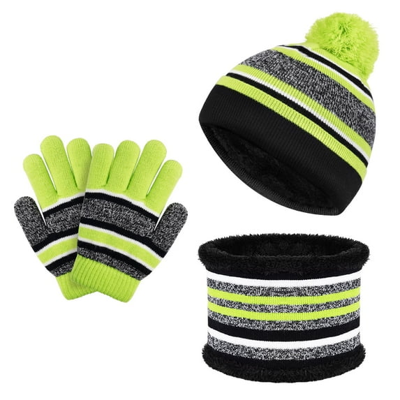 Kids Toddlers Winter Knit Warm Beanie Hat Scarf Gloves Set for Boys Girls Age 2-7, Pompom Cap Neck Warmer Gloves Fleece Lined