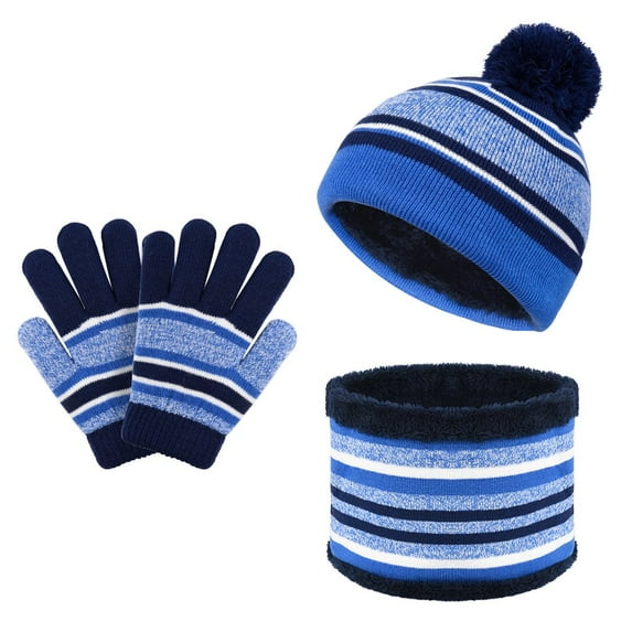 Kids Toddlers Winter Knit Warm Beanie Hat Scarf Gloves Set for Boys Girls Age 2-7, Pompom Cap Neck Warmer Gloves Fleece Lined
