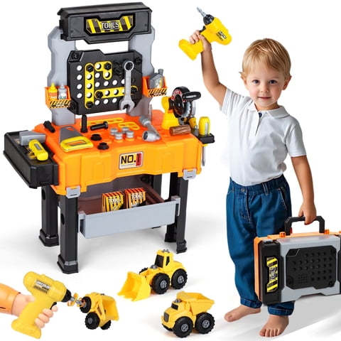 Kids Tool Bench Play Set, Educational Boy Toys, Kids Tool Set, Foldable Kids Workbench with Realistic Tools & Electric Drill & Take Apart Toy Cars, Construction Toys for Boys Age 2 3 Birthday Gifts