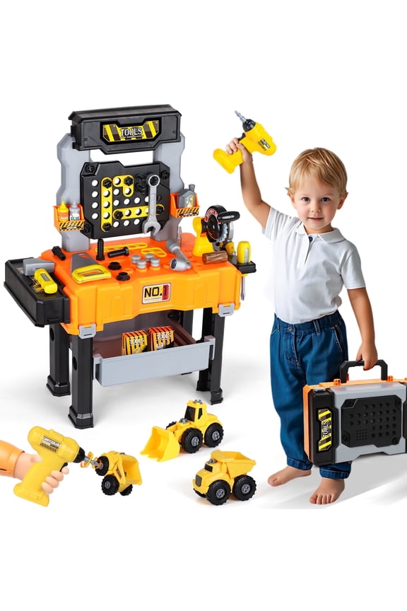 Kids Tool Bench Play Set, Educational Boy Toys, Kids Tool Set, Foldable Kids Workbench with Realistic Tools & Electric Drill & Take Apart Toy Cars, Construction Toys for Boys Age 2 3 Birthday Gifts