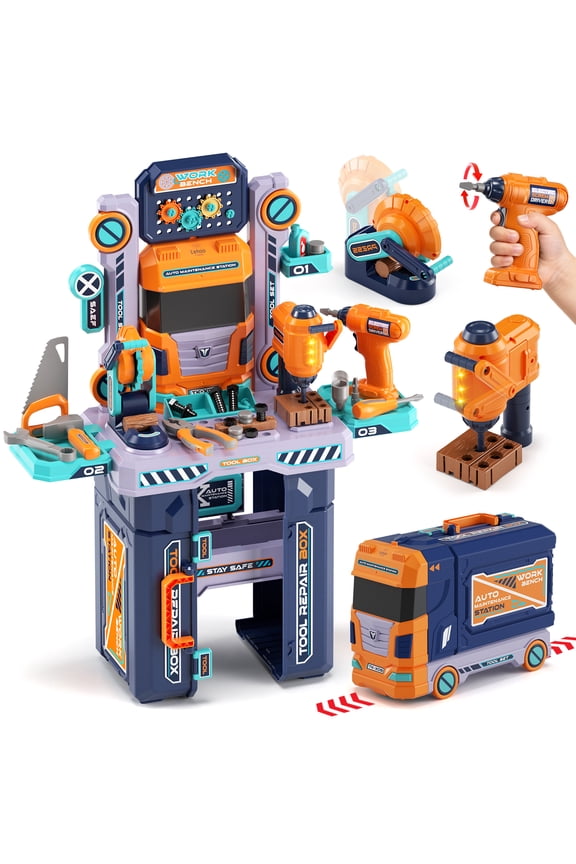 Kids Tool Bench Play Set, Foldable Kids Workbench with Realistic Tools & Electric Drill, Stores as a Truck, Kids Tool Set, Educational Toys, Construction Toys for Boys Age 2 3 Birthday Gifts