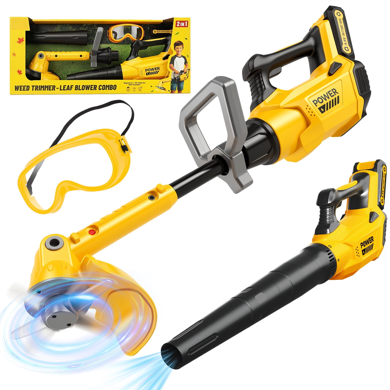 Carsky 2-in-1 Pretend Weed Trimmer and Leaf Blower Combo with Removable Tool Heads, Role-Play Goggles, Sound Effects and Outdoor Yard Work Activity Gift Set