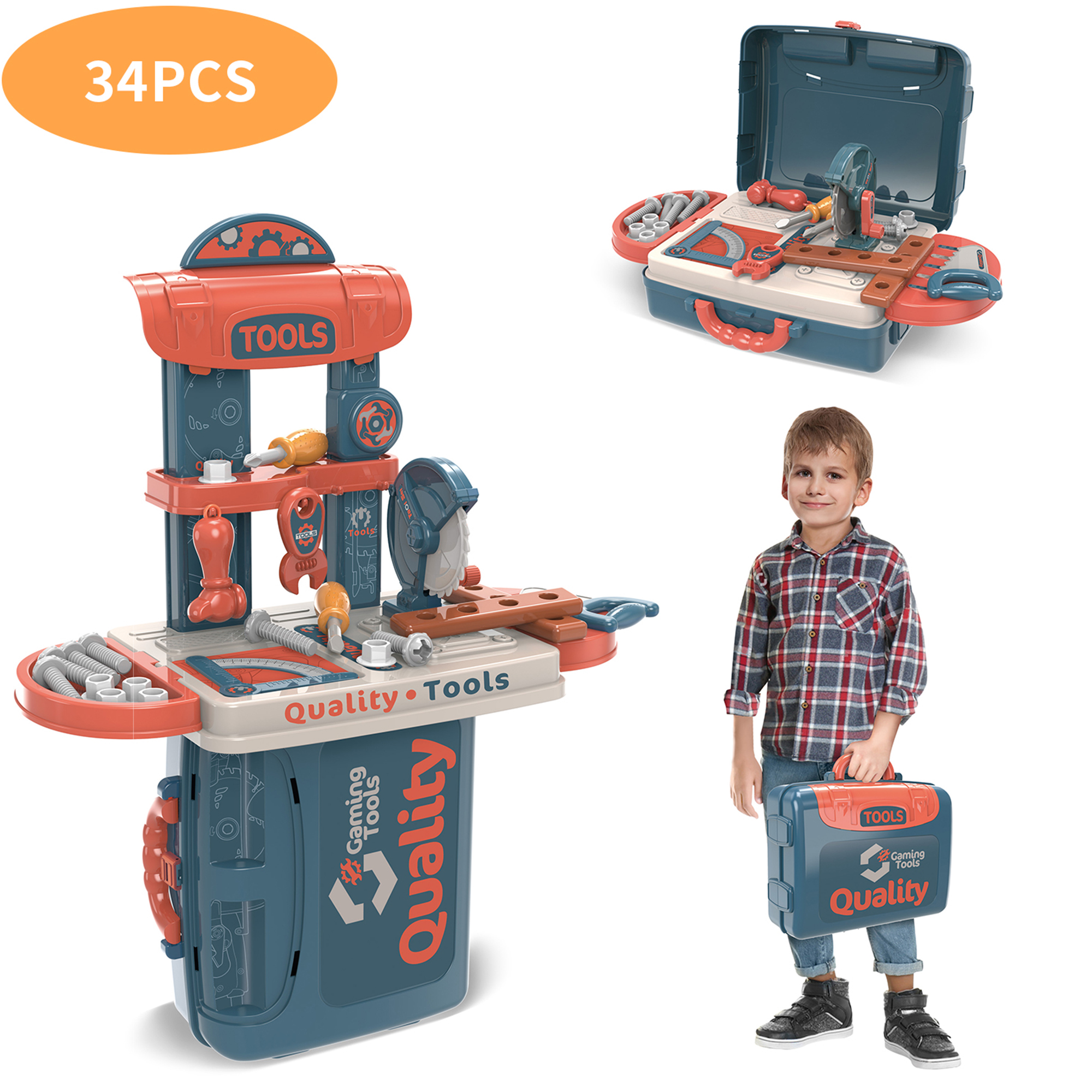 Kids Tool Set - 34 PCS Pretend Play Toolbox Toy Set for Toddler, Kids Tool Workbench Toys Construction Tool Kit Playset Accessories Gift for Girls Boys Ages 3 4 5 6 7 8 Years Old - image 1 of 9