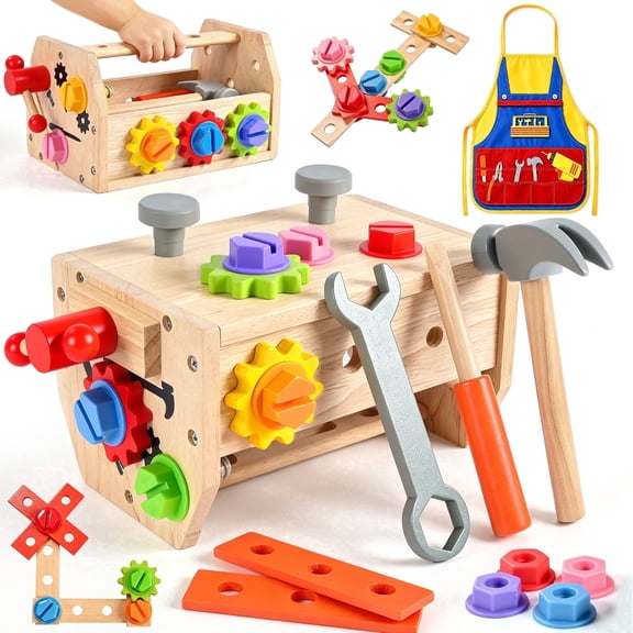 QIAHO Kids Tool Set, 34 Pcs Wooden Toddler Tool Box & Workbench with Apron, STEM Montessori Pretend Play Construction Toys for Boys Girls Ages 3-8