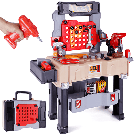 Kids Tool Set Bench, Toddler Tool Set Workbench with Realistic Tools and Electric Drill, STEM Pretend Play Learning Gift Toy for Kids Boys & Girls