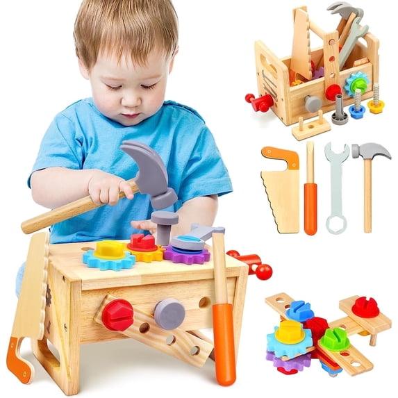 Kids Tool Set for Boys - 29 Pcs Wooden Toddler Tool Workbench with Box, Montessori Stem Educational Pretend Play Construction Toy Birthday Gift for Boys Age 2-6