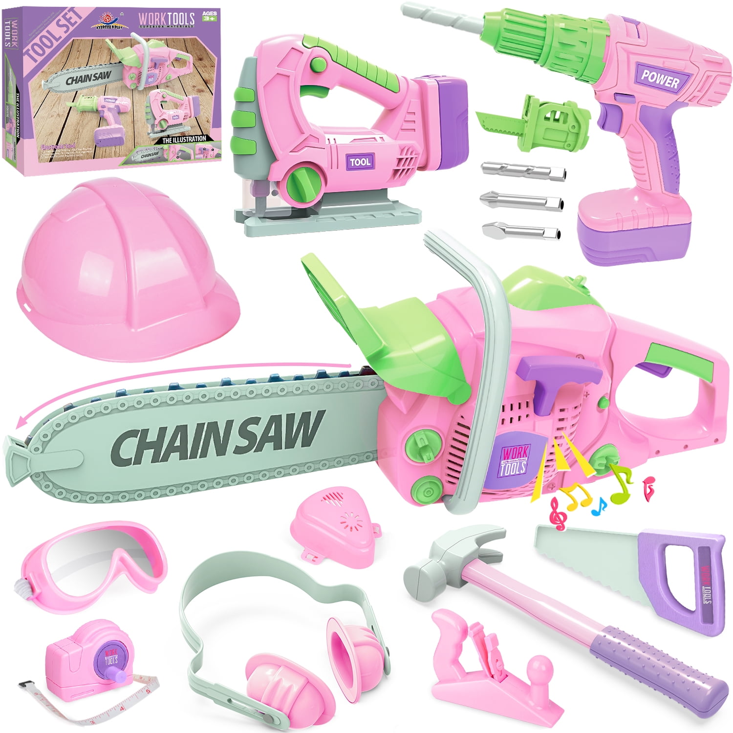 Kids Tool Set with Electric Toy Drill Chainsaw Jigsaw Toy Tools for Girl,  Realistic Kids Power Construction Pretend Play Tools Set Toddler Toys