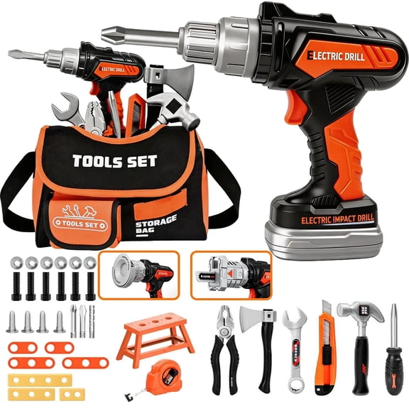 Kids Tool Set, Pretend Play Toddler Tool Toy with Construction Portable Bag & Electronic Toy Drill, Birthday Gifts for Kids 1-3 3-5 5-8 Year Old