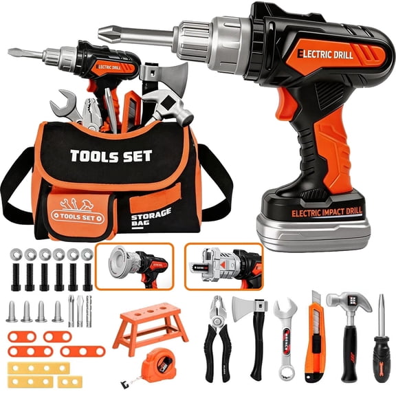Caunedy Kids Tool Set,Pretend Play Toddler Tool Toy with Construction Portable Bag & Electronic Toy Drill,Birthday Gifts for Kids 1-3 3-5 5-8 Year Old
