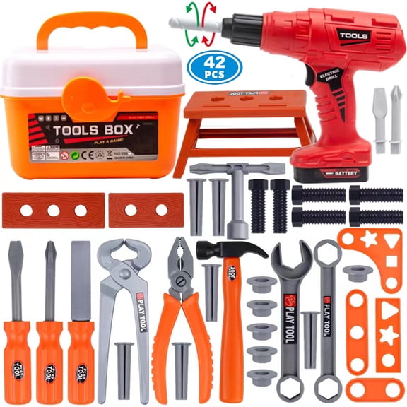 Kids Tool Set W/Toolbox & Electric Toy Drill Preshool ABS Toy for Boys 3-6 Years Girls, 42PCS Pretend Play Construction Toy Tools Gift to Toddler(Unisex)