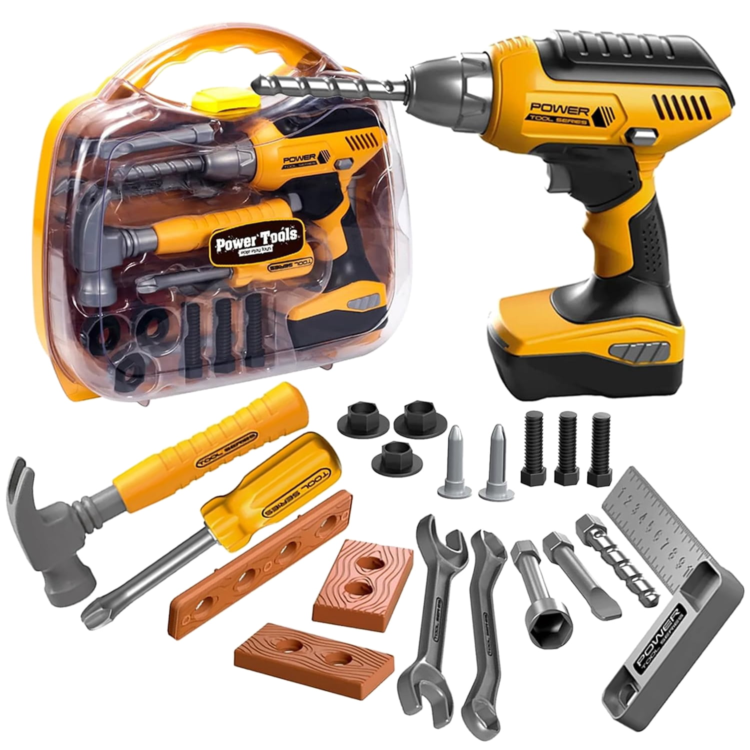 Rirool Kids Tool Set with Electronic Drill - 37pc Pretend Play Construction Toys for Toddlers 3-6, Toolbox, Hammer, Screwdriver & Wood Blocks