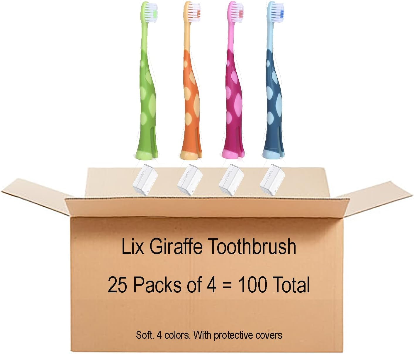 Kids Toothbrush Set of Soft Giraffe Toothbrush for Kids 3-9. Easy-Grip, Bristle Cover, Self-Standing & Splited Bottom for Cup Rim. by Lix, 4 Colors (100)