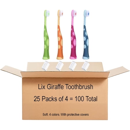 Kids Toothbrush Set of Soft Giraffe Toothbrush for Kids 3-9. Easy-Grip, Bristle Cover, Self-Standing & Splited Bottom for Cup Rim. by Lix, 4 Colors (100)