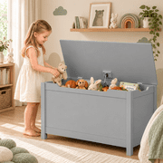 Kids Toy Box for Boys Girls, SESSLIFE Wooden Toy Box with Safety-Hinged Lid, Toy Organizer and Bench for Playroom, Bedroom, or Toddler Room, Supports up to 160 lbs, Gray