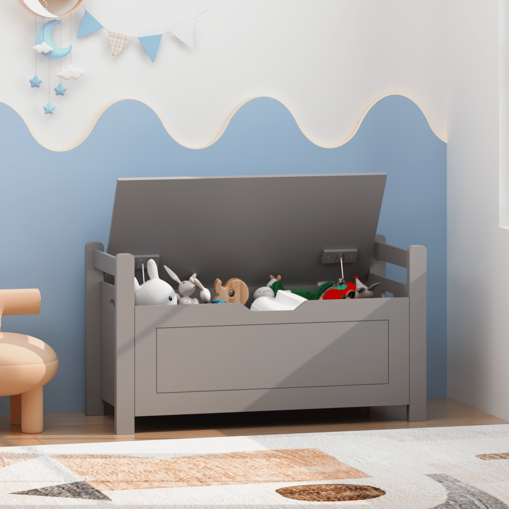Kids Toy Box Chest for Boys Girls, Large Storage Cabinet with Cushion Seat Bench/ Flip-Top Lid/ Safety Hinge, Toy Storage Organizer Trunk for Nursery, Playroom (Gray)