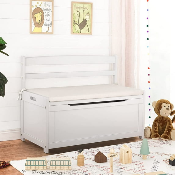 Curipeer White Wooden Toy Box, Large Storage Cabinet with Cushion Seat