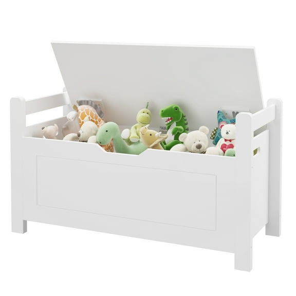 Kids Toy Box Chest, White Rubber Wood Toy Box for Boys Girls, Large Storage Cabinet with Flip-Top Lid/Safety Hinge, Toy Storage Organizer Trunk for Nursery, Playroom (White)