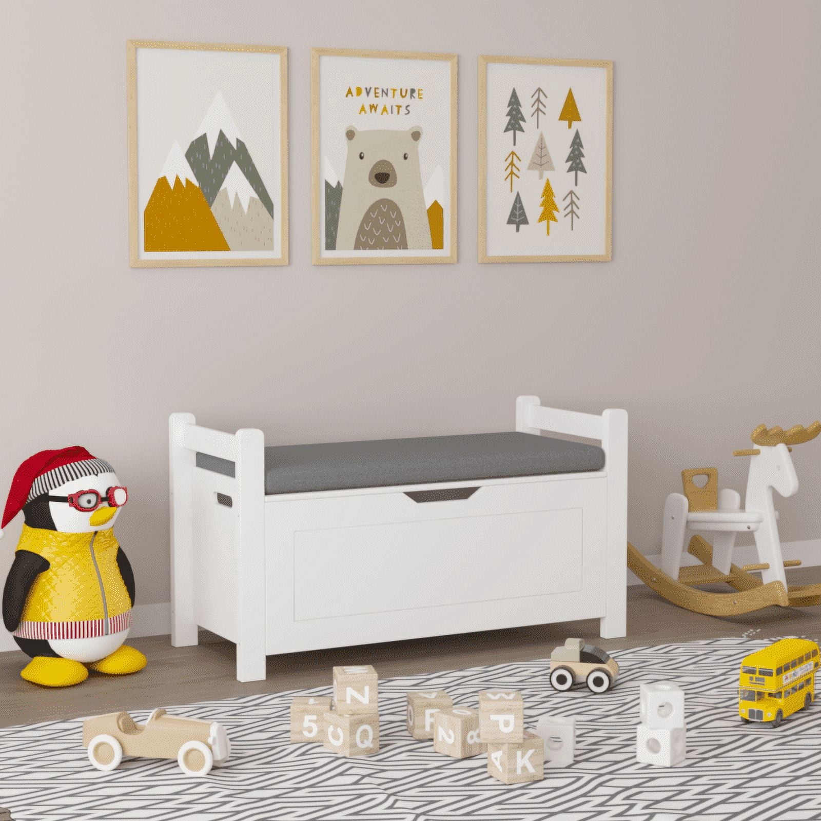 Kids Toy Box Chest, White Rubber Wood Toy Box for Boys Girls, Large Storage Cabinet