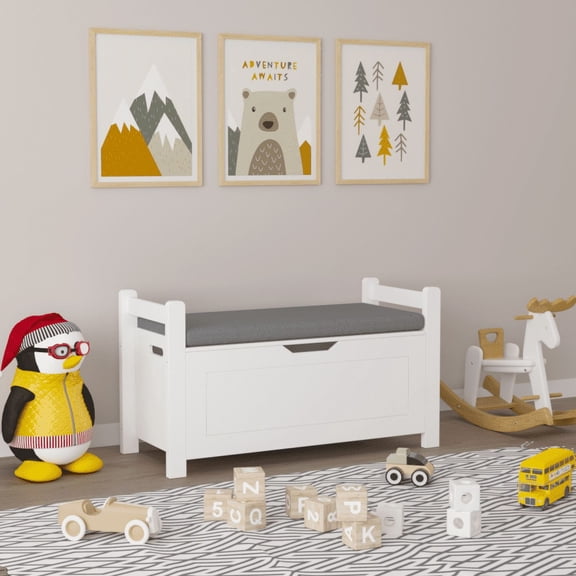 Kids Toy Box Chest, White Rubber Wood Toy Box for Boys Girls, Large Storage Cabinet