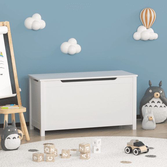 Kids Toy Box Chest, White Rubber Wood Toy Box for Boys Girls, Toy Storage Organizer Trunk for Nursery, Playroom