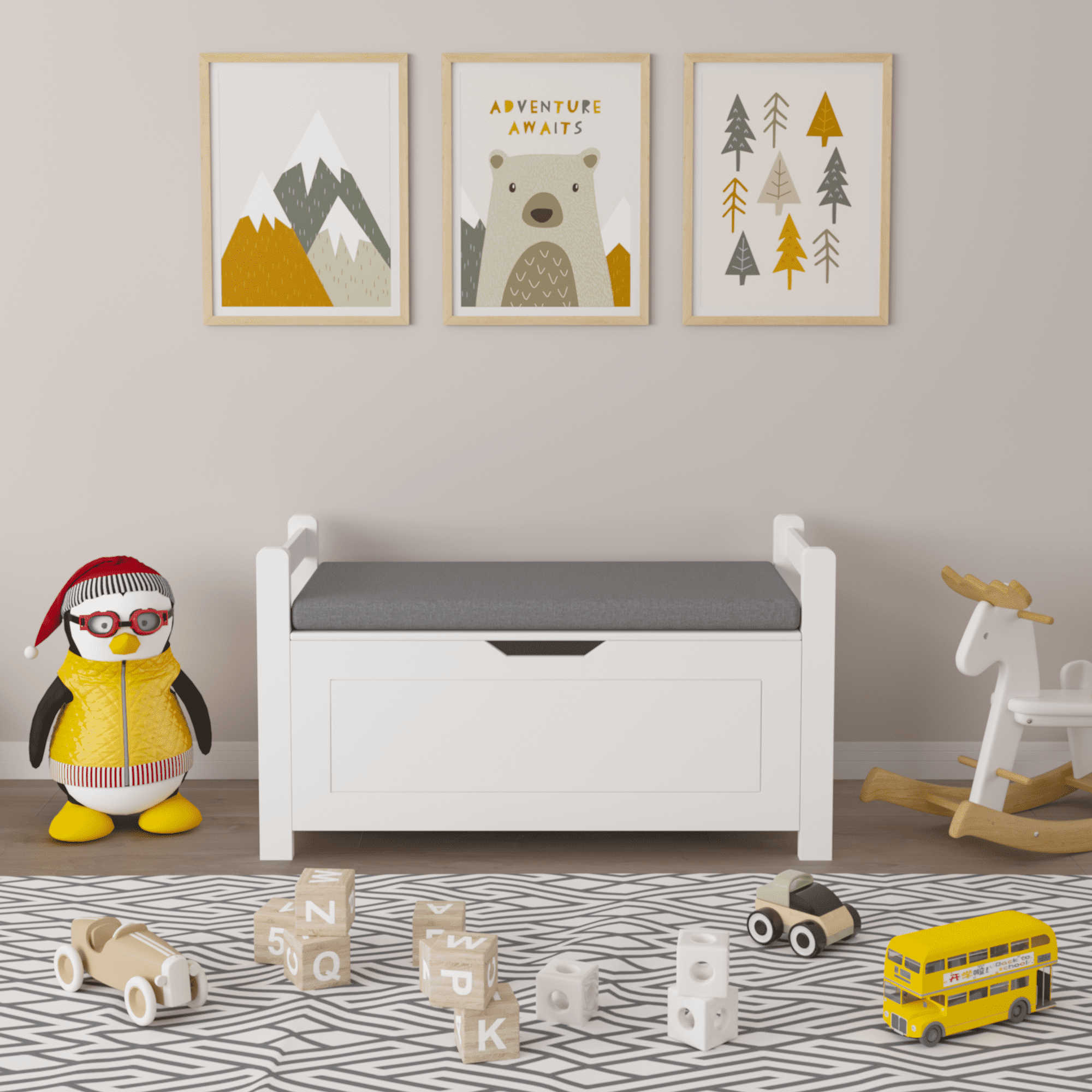 Kids Toy Box Chest, White Toy Box for Boys Girls, Large Storage Cabinet with Cushion Seat Bench/Flip-Top Lid/Safety Hinge, Toy Storage Organizer Trunk for Nursery, Playroom