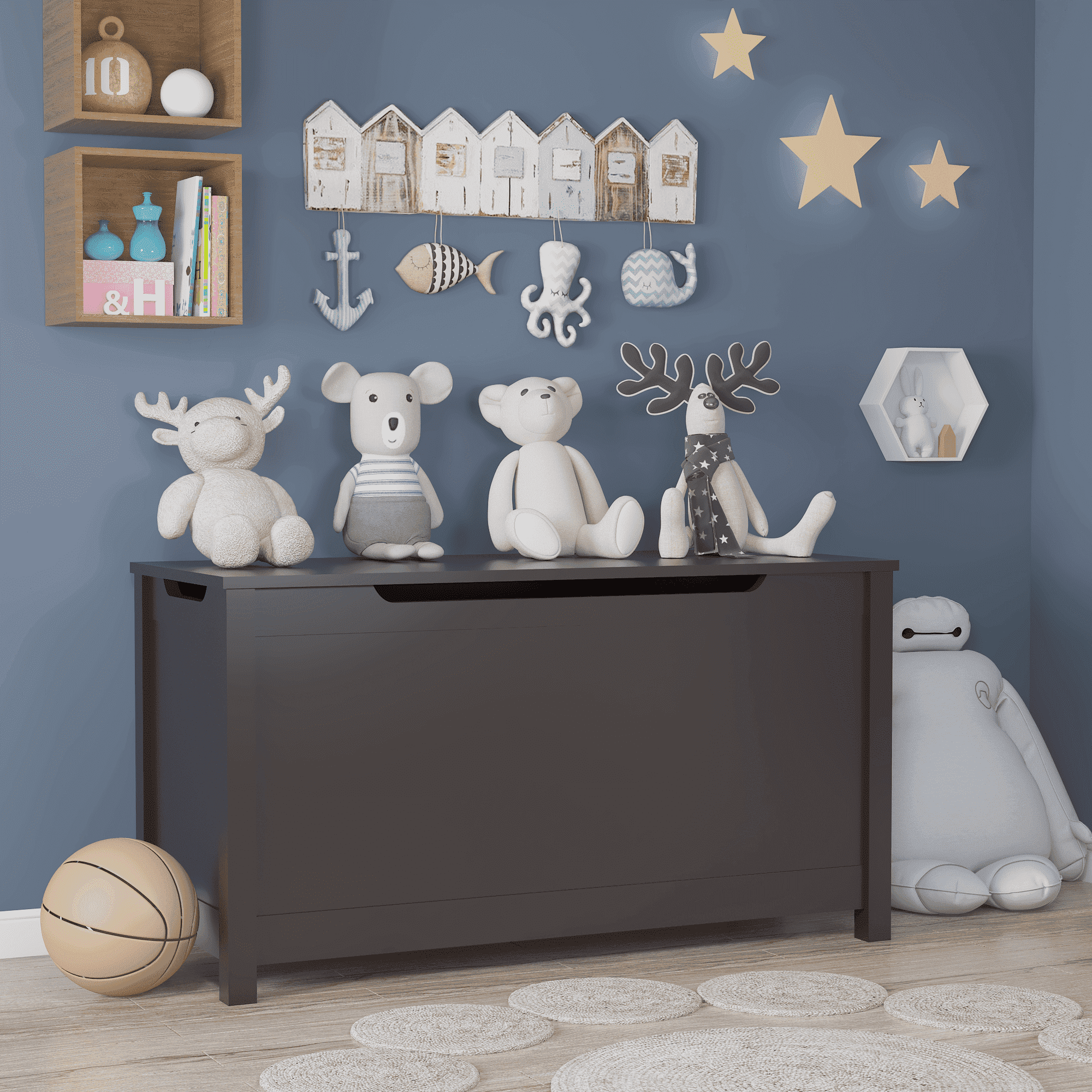 Dark Brown Toy Chest for Boys Girls, Wooden Storage Bench Seat with Safety Hinge Lid, Kids Toy Box Organizer, Modern Storage Furniture for Entryway, Living Room, Bedroom, Toddler Room, L0471