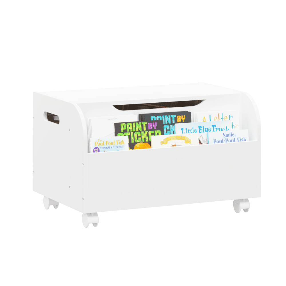 Kids Toy Box Storage Chest Bench with Front Bookshelf, Flip-Top Lid and Safety Hinge, Wood Toy Storage Box Bench