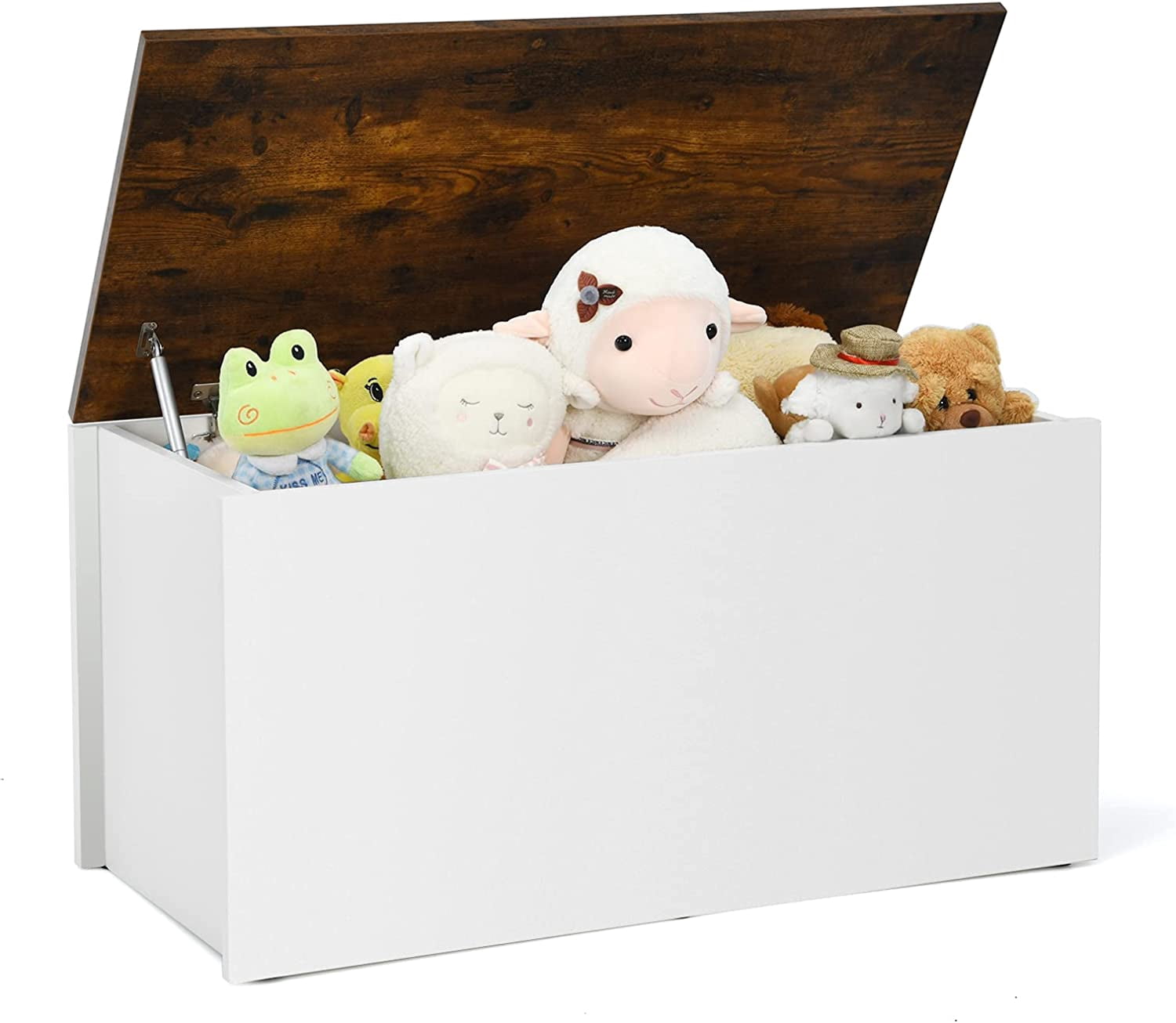 Kids Toy Box Storage Chest, Wooden Children Storage Bench Ottoman Trunk w/Flip-top Lid, 35.5” Wide Toddler Cabinet Organizer w/Pneumatic Rod for Kids Play Room Nursery (Rustic Brown + White)