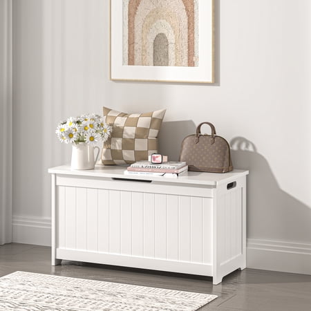 Kids Toy Box, White Wooden Toy Chest Organizer with Safety Hinged Lid, Entryway Storage Bench Supports 100 lbs, Toy Storage Chest for Bedroom, Toddler Room