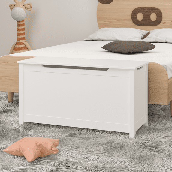Kids Toy Box, White Wooden Toy Chest Organizer with Safety Hinged Lid, Entryway Storage Bench Supports 100 lbs, Toy Storage Chest for Bedroom, Toddler Room
