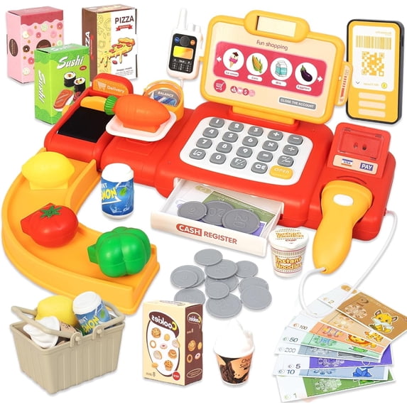 Kids Toy Cash Register,Kid Educational Toys,Kids Shop Play Toy for 3+ Years Old Kids,Supermarket Shop Toys with Scanner,Lifting Food Weigh,Pretend Role Play Money Food Learning Toys Gift for Toddler