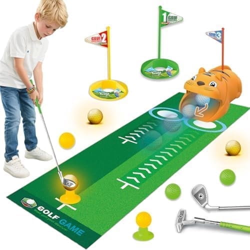 Kids Toy Golf Set, with Automatic Golf Returner, Golf Balls, Clubs, Putting Mat, Indoor Outdoor Sports Toy Birthday Gift
