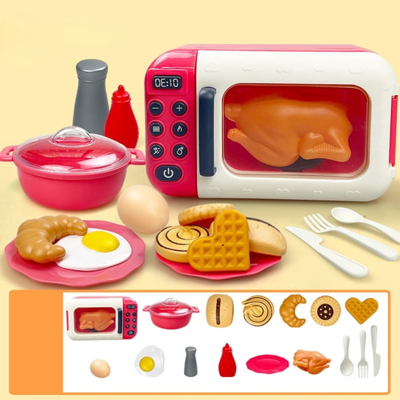 Kids Toy Microwave with Realistic Light & Sound, Pretend Play Kitchen Accessories Set with Fake Food Cookware Utensils, Toddler Cooking Playset for Boys Girls Ages 3+ Birthday Gifts
