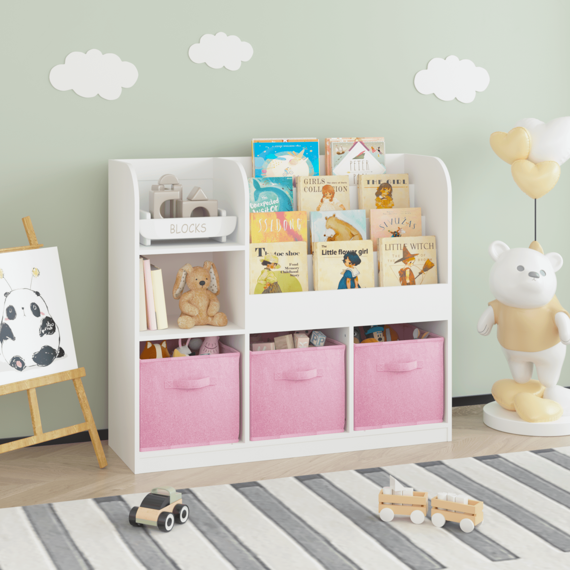 Kids Toy Organization Cubby Bookcase with 3 Fabric Drawers,Bookcase Display Stand for Bedroom,Playroom,Pink