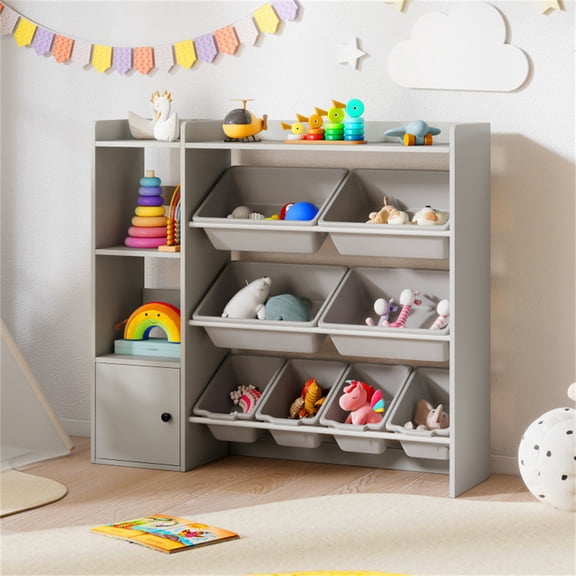 Kids Toy Organizer with 8 Storage Bins, 44" Wide Storage Shelf with Open Shelves & Cabinet, Grey Children's Bookcase for Playroom, Daycare, and Classroom