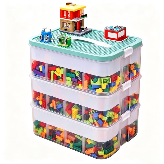 Kids Toy Organizer for Lego, 3 Layers Stackable Storage Bins with Compartments, Kids Toy Container Box,Clear Building Blocks Container Box with Baseplate Lids
