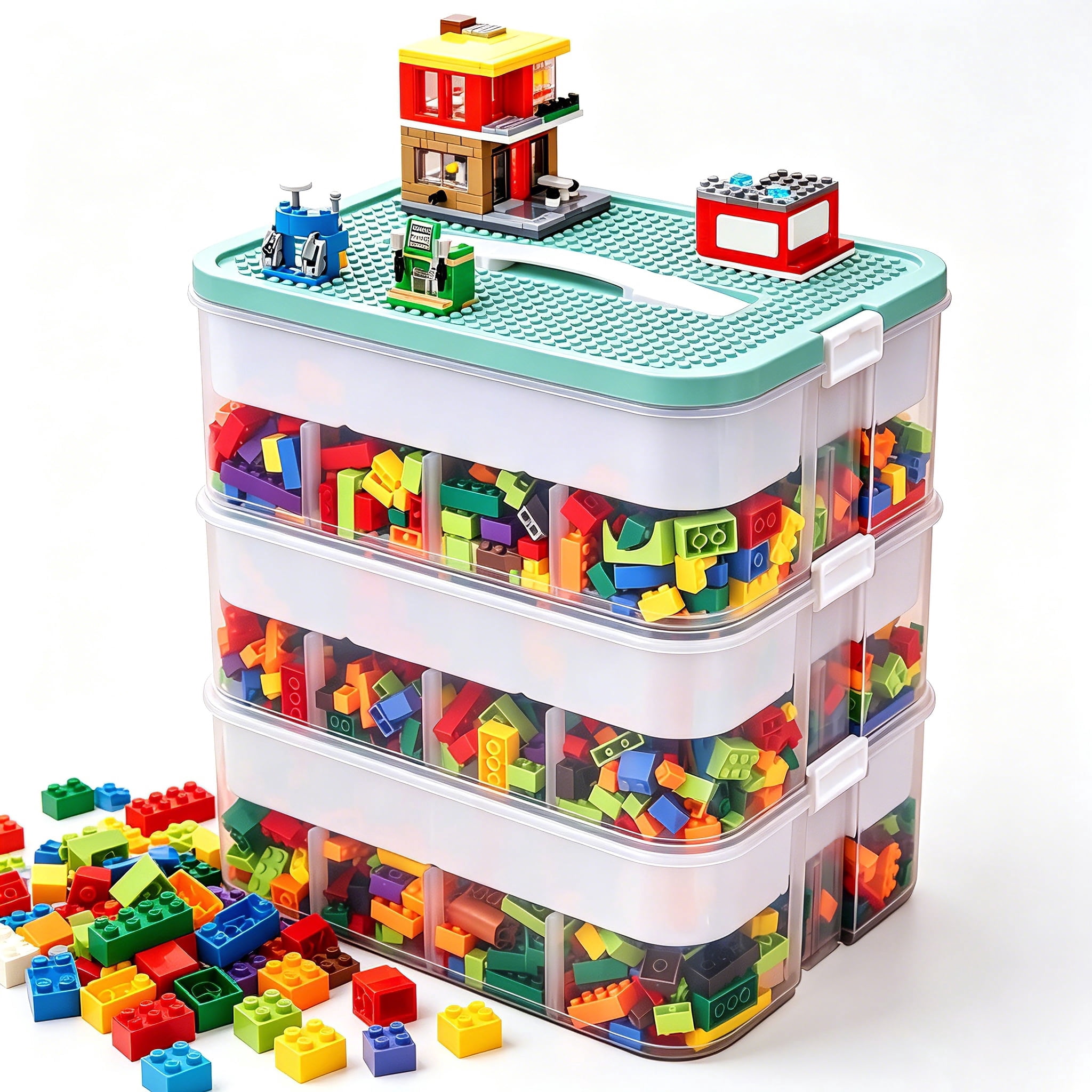Toy Organizer for Lego Storage , 3 Layers Stackable Storage Bins with Compartments, Kids Toy Container Box,Clear Building Blocks Container Box with Baseplate Lids