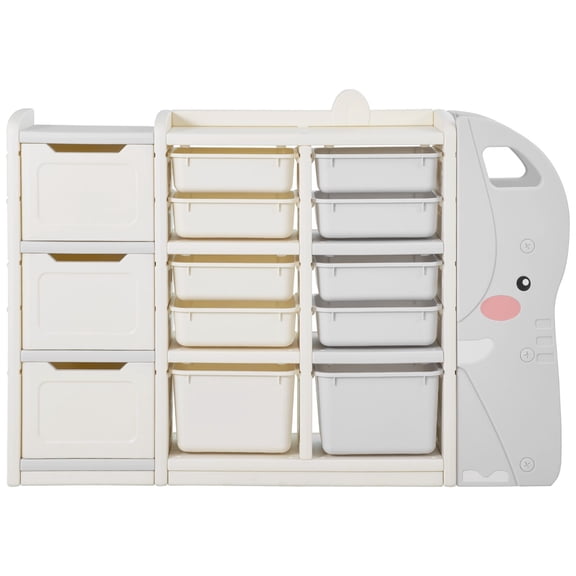 4 Tier Elephant Toy Storage Organizer with 10 Plastic Bins HDPE Cubby Cabinet for Bedroom Playroom Classroom Nursery Gray Beige