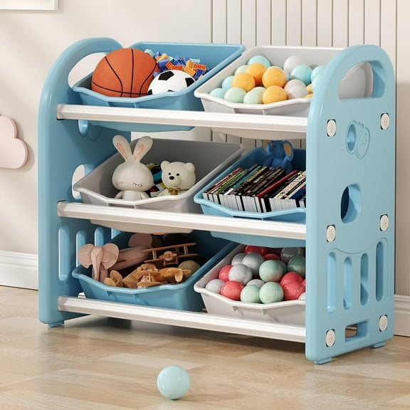 Kids Toy Organizers and Storage with 6 Removable Plastic Bins, Multi-Purpose 3-Tier Toy Shelf to Organize Toys for Playroom, Bedroom, Daycare, Nursery, Blue