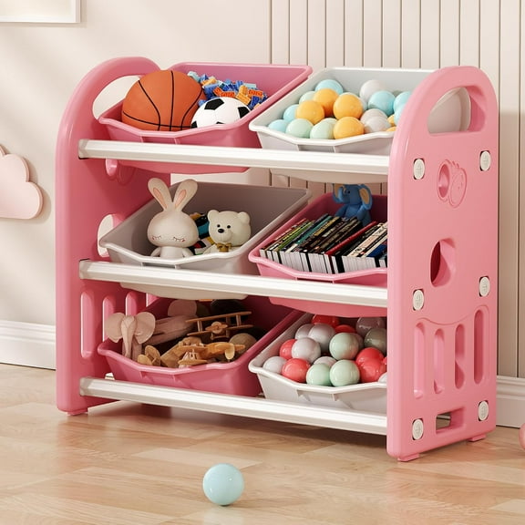 Kids Toy Organizers and Storage with 6 Removable Plastic Bins, Multi-Purpose 3-Tier Toy Shelf to Organize Toys for Playroom, Bedroom, Daycare, Nursery