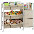 thumbnail image 1 of Kids Toy Organizers and Storage Bins - 7 Storage Bins + 2 Fabric Drawers + 1 Bookshelf, Playroom Storage, Mobile Cart Organizer for Toy, Clothes, Blankets and Books - Off White, 1 of 14