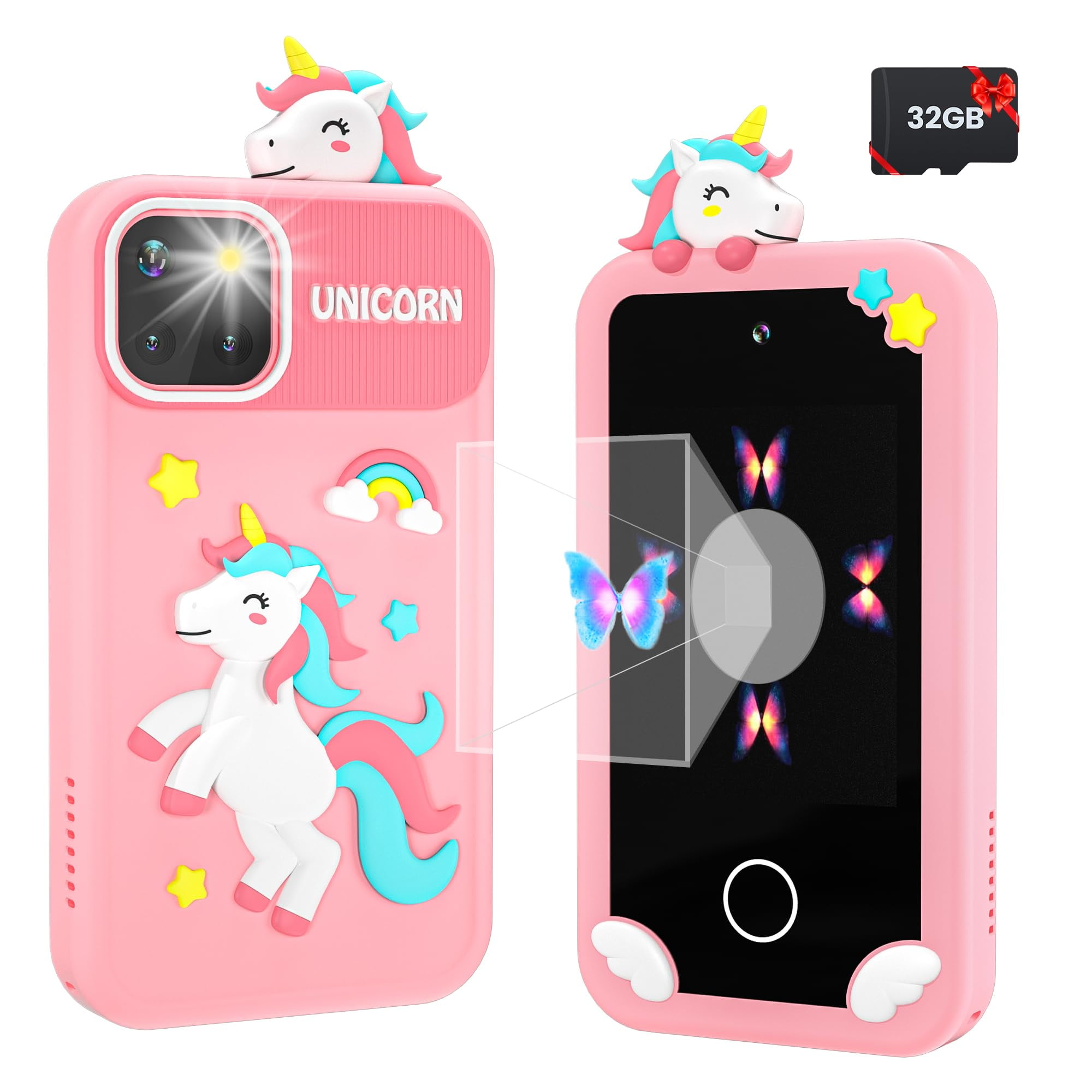 Merryhome Kids Smart Phone with Holographic Pyramid, 32G Card Christmas Birthday Gifts for Age 3-10 Kids Toys Cell Phone, 2.8" Touchscreen Toddler Learning Play Toy, Dual Camera, Music Player