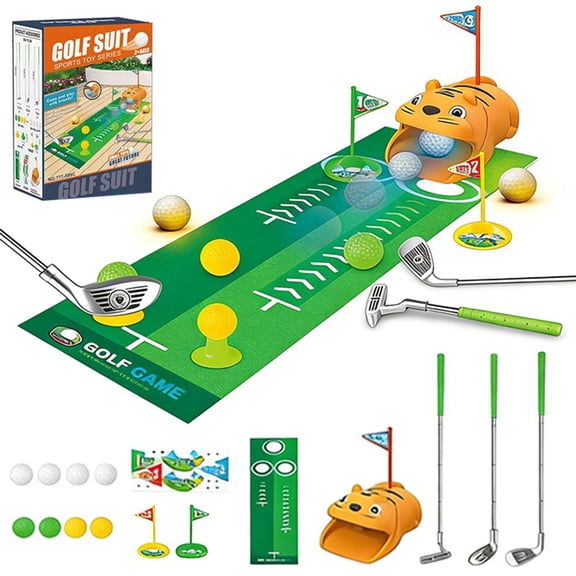 Kids Toy Set With Automatic Ball Returner Led Light Up Balls Toddler Mini Golf Games Putting Mat For Indoor And Outdoor Sports