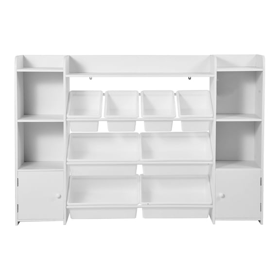 Toy Storage Bookshelf 4 Tier Large Organizer with 8 Flexible Plastic Bins Cubby Cabinet for Study Bedroom Playroom Classroom Nursery White