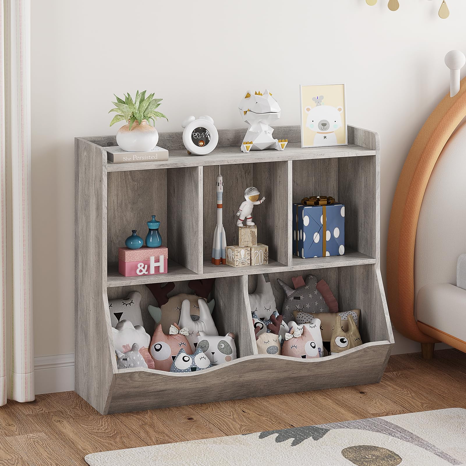 Kids Toy Storage with Bookshelves, Multifunctional Toy Storage Organizer, Toys Box with 5 Storage Compartments, Kids Bookcases Cabinets for Playroom, Bedroom, Nursery, Preschool