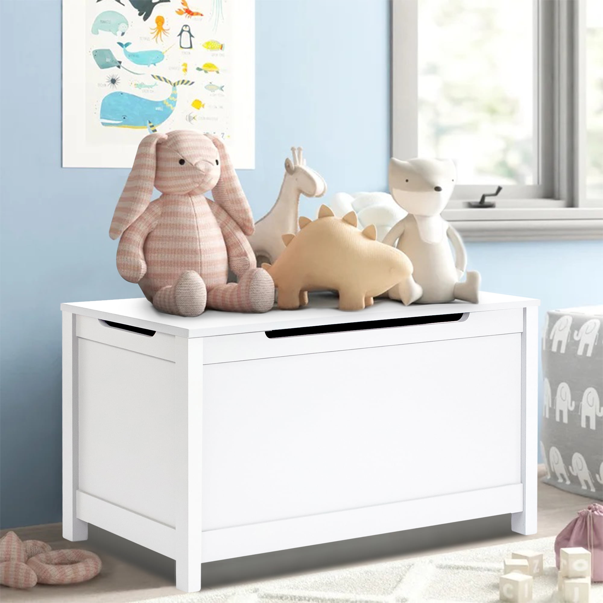 Kids Toy Storage Box, Wooden Toy Storage Chest with Safety Hinged Cover & Seating Bench, Large Storage Space Toy Organizer Chest, Suitable for Bedroom, Living Room, Playroom, Study Room, White, D1038